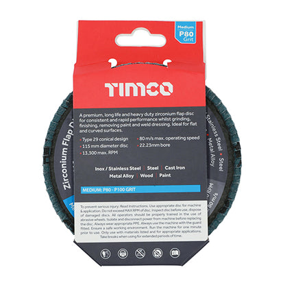 TIMCO Flap Disc Zirconium Type 29 Conical P80 Grit - 115 x 22.23 - Image