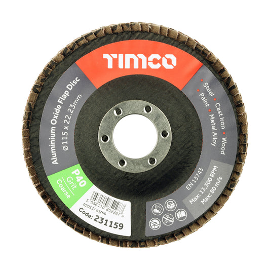 TIMCO Set of Flap Discs Aluminium Oxide Type 29 Conical - 40 Grit - 115 x 22.23 - Image