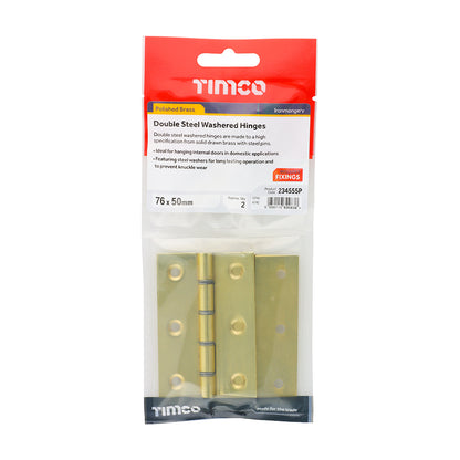 TIMCO Double Steel Washered Butt Hinge - Solid Brass - Polished Brass - 76 x 50 - Image