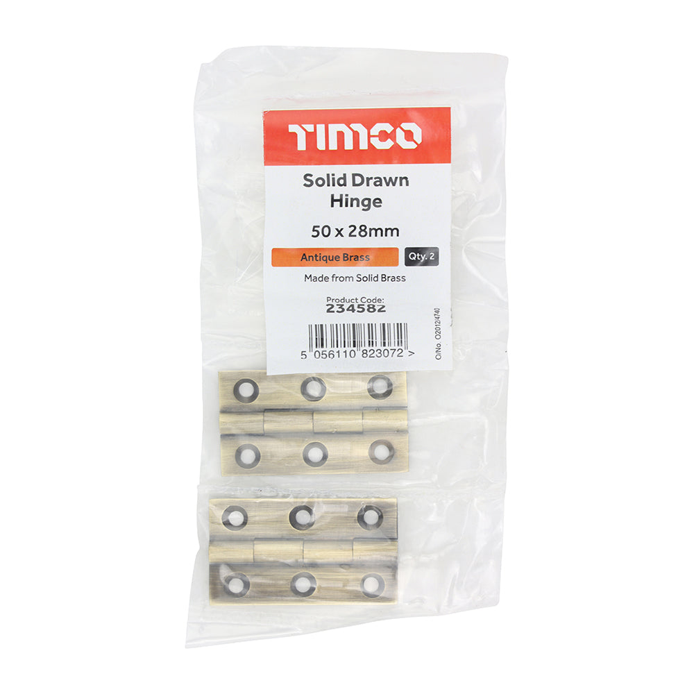 TIMCO Solid Drawn Hinge - Solid Brass - Antique Brass - 50 x 28