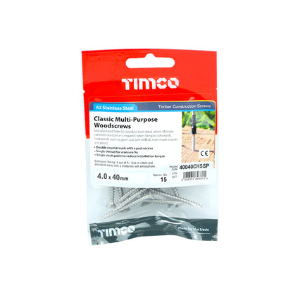 TIMCO Classic Multi-Purpose Countersunk A2 Stainless Steel Woodcrews - 4.0 x 40 - Image