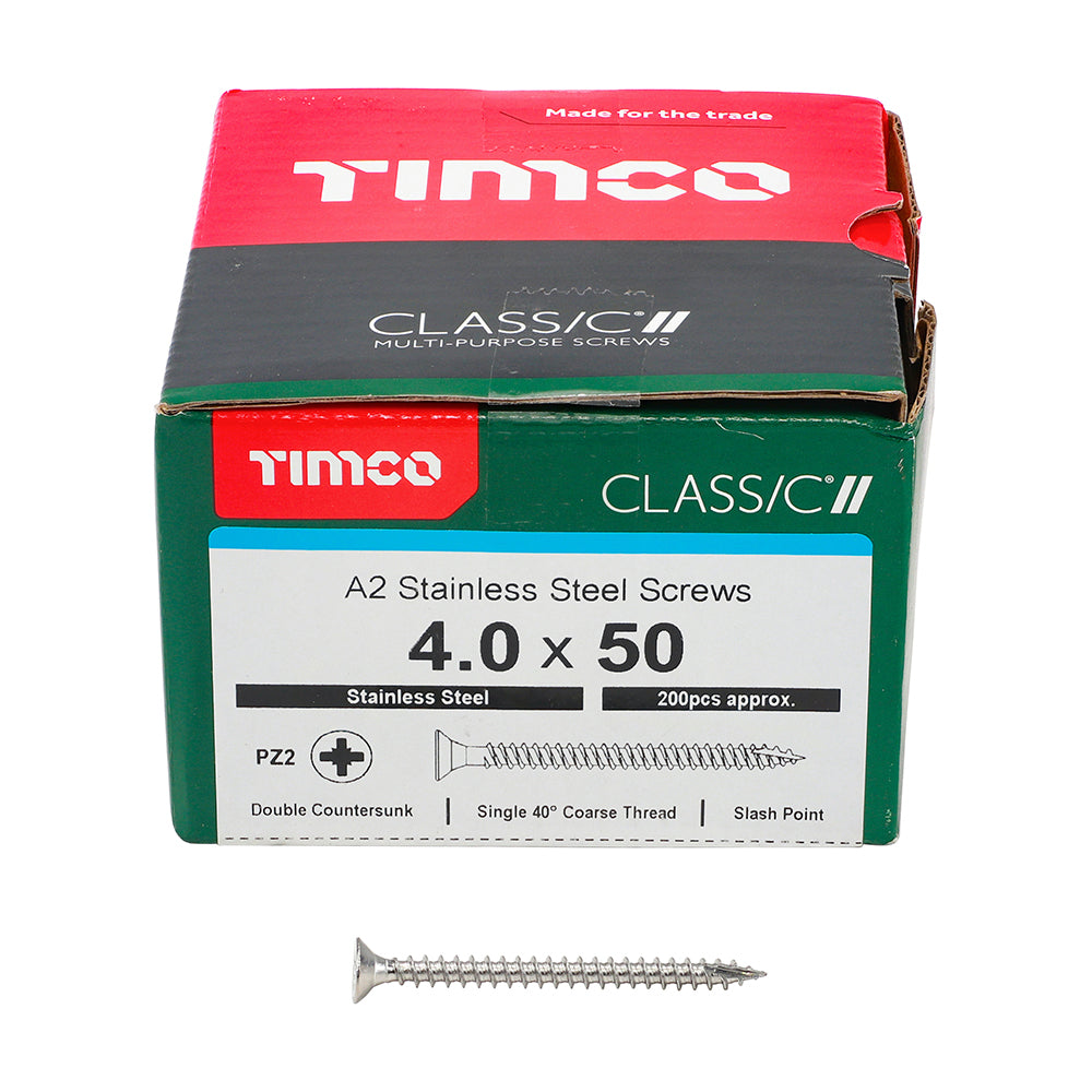 TIMCO Classic Multi-Purpose Countersunk A2 Stainless Steel Woodcrews - 4.0 x 50 - Image
