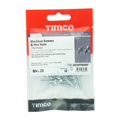 TIMCO Machine Pan Head Screws & Hex Nut Silver - M4 x 20 - Image