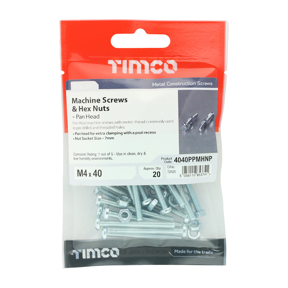TIMCO Machine Pan Head Screws & Hex Nut Silver - M4 x 40 - Image