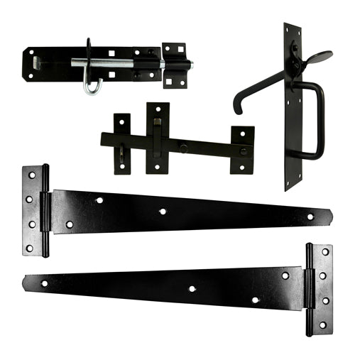 TIMCO Side Gate Kit Medium Tee Hinges Suffolk Latch & Brenton Padbolt Black - 18" - Image