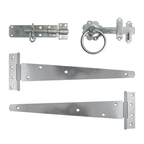 TIMCO Side Gate Kit Medium Tee Hinges Ring Latch & Brenton Padbolt Hot Dipped Galvanised - 18" - Image