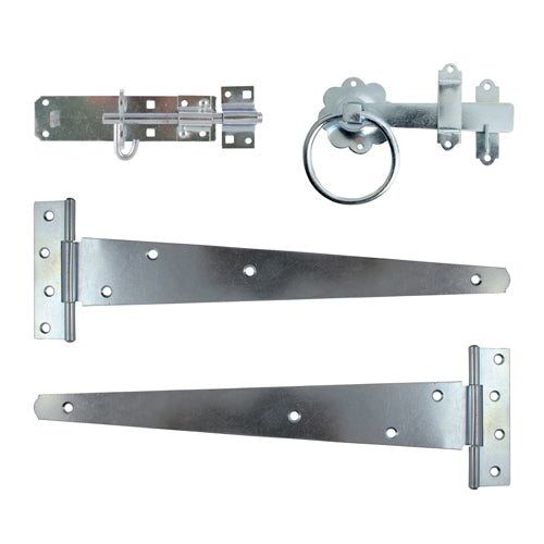 TIMCO Side Gate Kit Medium Tee Hinges Ring Latch & Brenton Padbolt Silver - 18" - Image