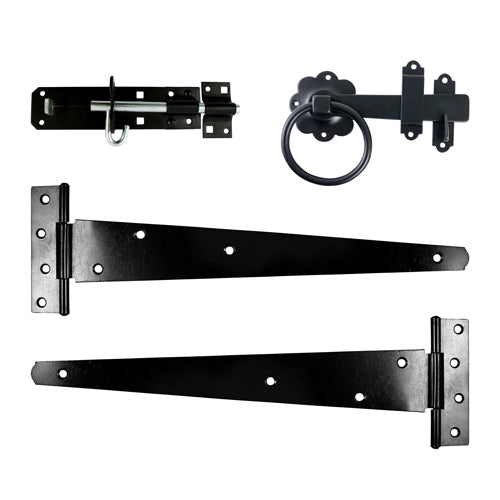 TIMCO Side Gate Kit Medium Tee Hinges Ring Latch & Brenton Padbolt Black - 18" - Image