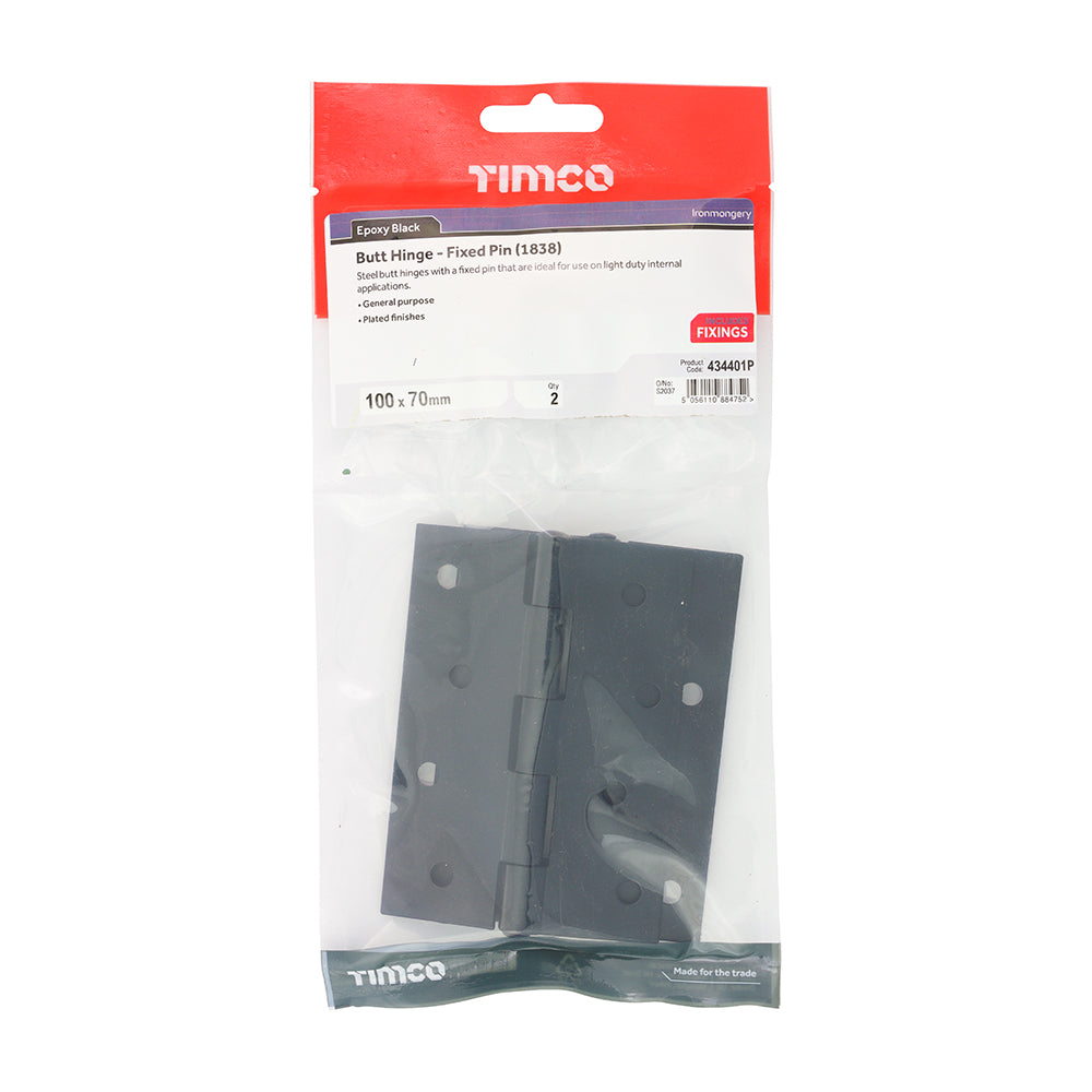 TIMCO Plain Butt Hinge - Fixed Pin (1838) - Black - 100 x 70 - Image