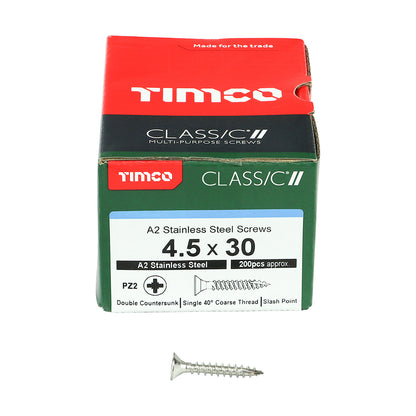 TIMCO Classic Multi-Purpose Countersunk A2 Stainless Steel Woodcrews - 4.5 x 30 - Image