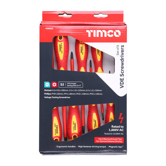 TIMCO VDE Screwdriver Set. Assorted Slotted, Phillips and Pozi-Drive Screwdrivers tested to 1000V AC. - 8 Pieces - Image