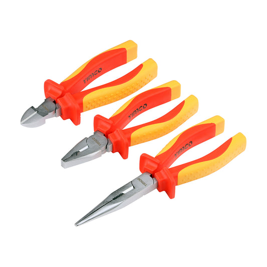 TIMCO Professional VDE Plier Set. Combination, Side Cutter and Long Nose Pliers. Tested to 1000V AC - 3 Pieces - Image