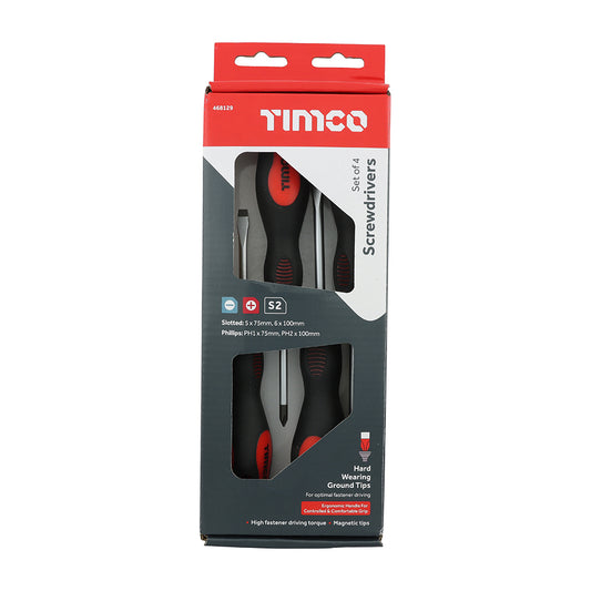 TIMCO Screwdriver Set, Slotted and Phillips Screwdrivers with Magnetic Tips, Ergonomic Anti-Slip Handles - 4 Pieces - Image