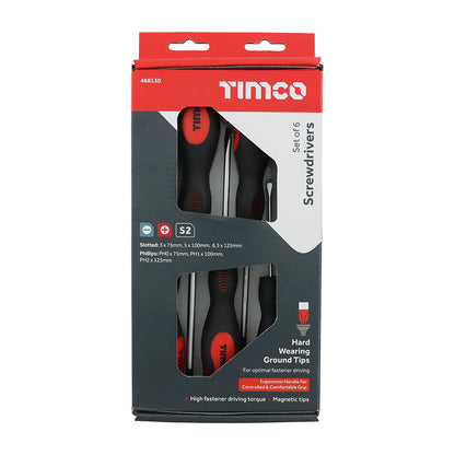 TIMCO Screwdriver Set, Slotted and Phillips Screwdrivers with Magnetic Tips, Ergonomic Anti-Slip Handles - 6 Pieces - Image