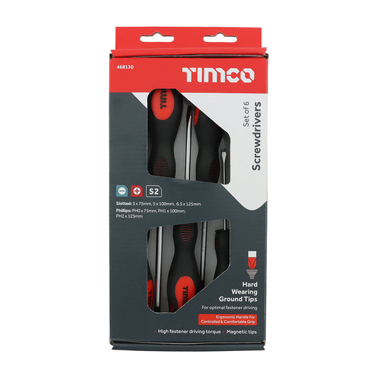 TIMCO Screwdriver Set, Slotted and Phillips Screwdrivers with Magnetic Tips, Ergonomic Anti-Slip Handles - 6 Pieces - Image