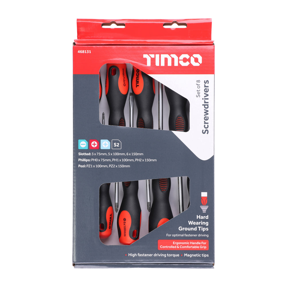 TIMCO Screwdriver Set, Slotted, Phillips and Pozi Screwdrivers with Magnetic Tips, Ergonomic Anti-Slip Handles - 8 Pieces - Image