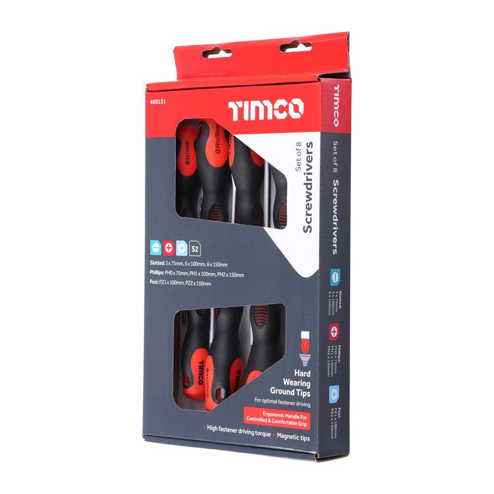 TIMCO Screwdriver Set, Slotted, Phillips and Pozi Screwdrivers with Magnetic Tips, Ergonomic Anti-Slip Handles - 8 Pieces - Image