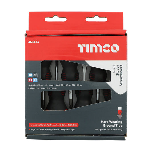 TIMCO Stubby Screwdriver Set, Slotted, Phillips and Pozi Drive Screwdrivers with Magnetic Tips, Ergonomic Anti-Slip Handle - 6 Pieces - Image