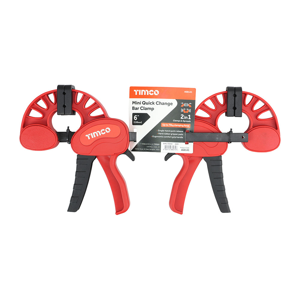 TIMCO Mini Quick Change Bar Clamp, Two Piece Set, Medium Duty 70kg Quick Release Woodworking Clamp, One Handed Clamp - 6" / 150mm Clamping Capacity - Image