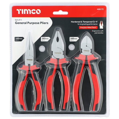 TIMCO General Purpose Pliers Set, Combination Pliers, Long Nose Pliers, Side Cutting Pliers with Soft Grip Handles - Set of 3 - Image