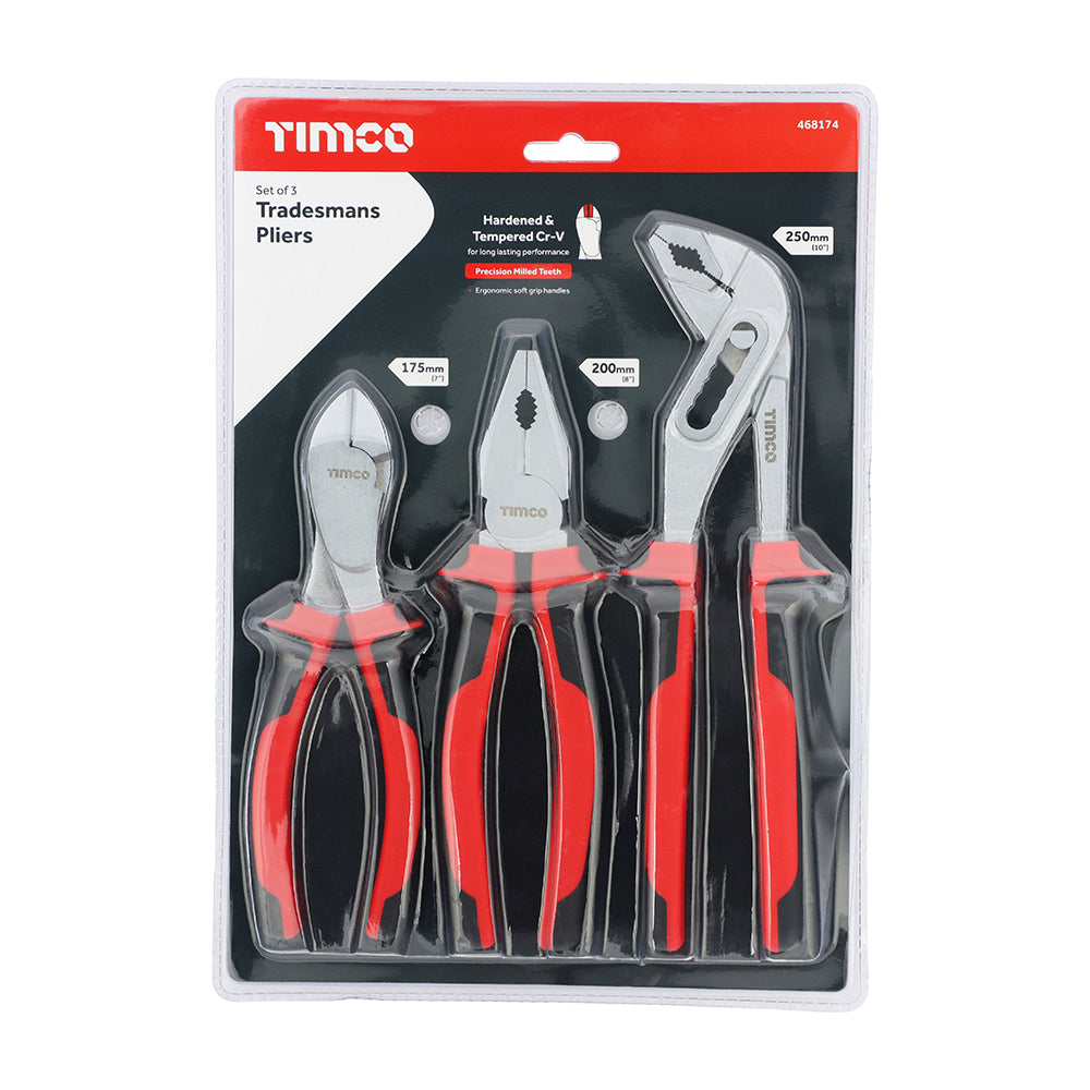 TIMCO General Purpose Pliers Set, Combination Pliers, Side Cutting Pliers, Water Pump Pliers with Soft Grip Handles - Set of 3 - Image