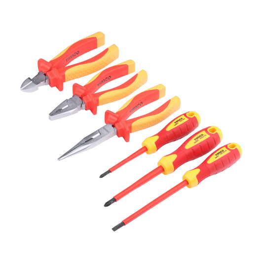 TIMCO Professional VDE Screwdriver and Plier Set. Combination, Side Cutter and Long Nose Pliers. Slotted and Phillips Screwdrivers. Tested to 1000V AC - 6 Pieces - Image