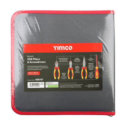 TIMCO Professional VDE Screwdriver and Plier Set. Combination, Side Cutter and Long Nose Pliers. Slotted and Phillips Screwdrivers. Tested to 1000V AC - 6 Pieces - Image