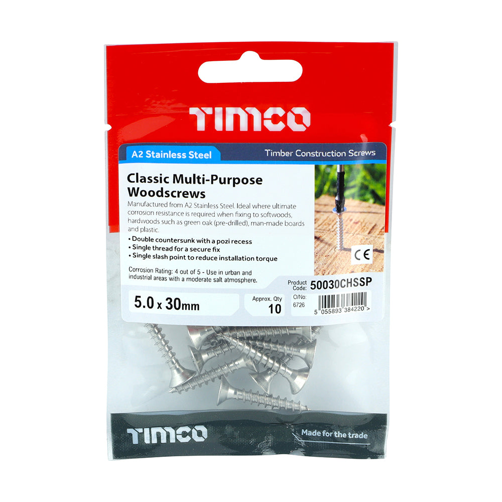 TIMCO Classic Multi-Purpose Countersunk A2 Stainless Steel Woodcrews - 5.0 x 30 - Image