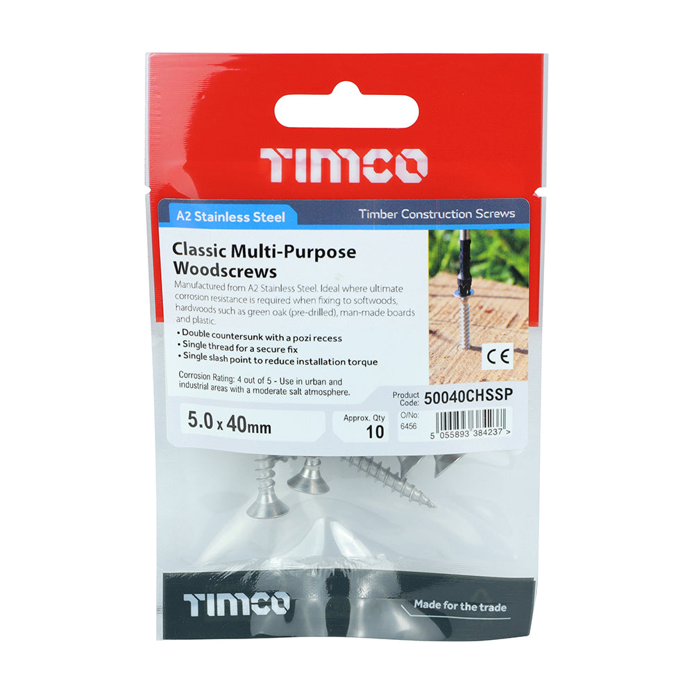 TIMCO Classic Multi-Purpose Countersunk A2 Stainless Steel Woodcrews - 5.0 x 40 - Image