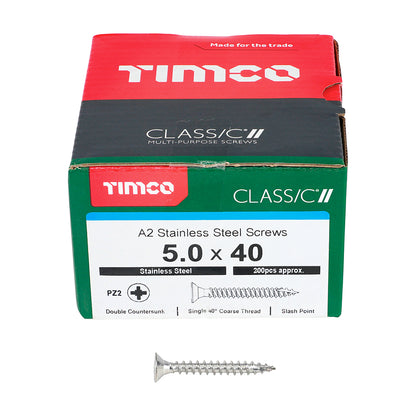TIMCO Classic Multi-Purpose Countersunk A2 Stainless Steel Woodcrews - 5.0 x 40 - Image