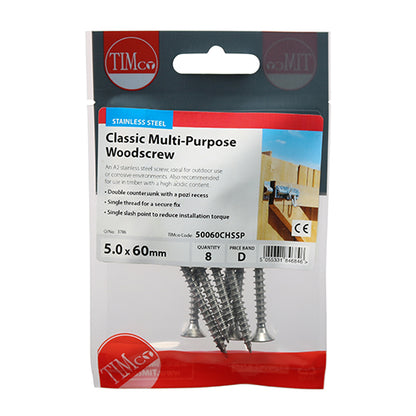 TIMCO Classic Multi-Purpose Countersunk A2 Stainless Steel Woodcrews - 5.0 x 60 - Image