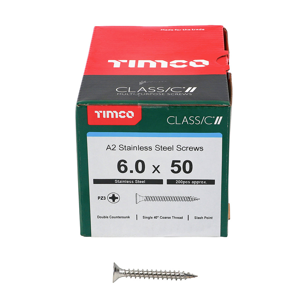 TIMCO Classic Multi-Purpose Countersunk A2 Stainless Steel Woodcrews - 6.0 x 50 - Image