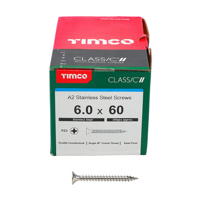 TIMCO Classic Multi-Purpose Countersunk A2 Stainless Steel Woodcrews - 6.0 x 60 - Image