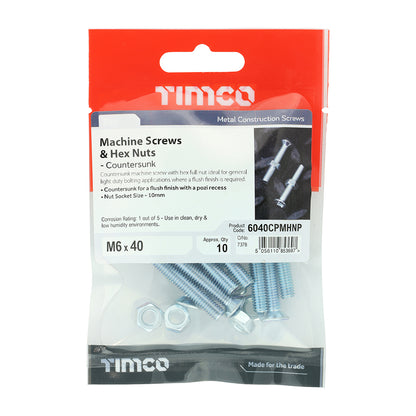 TIMCO Machine Countersunk Screws & Hex Nut Silver - M6 x 40 - Image