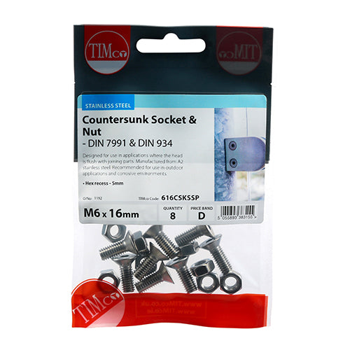 TIMCO Countersunk Socket Screws ISO10462 A2 Stainless Steel - M6 x 16 - Image