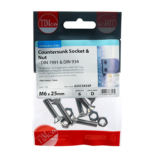 TIMCO Countersunk Socket Screws ISO10462 A2 Stainless Steel - M6 x 25 - Image