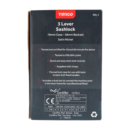 TIMCO 3 Lever Satin Nickel Mortice Sashlock 78mm Case 58mm Backset  - Image