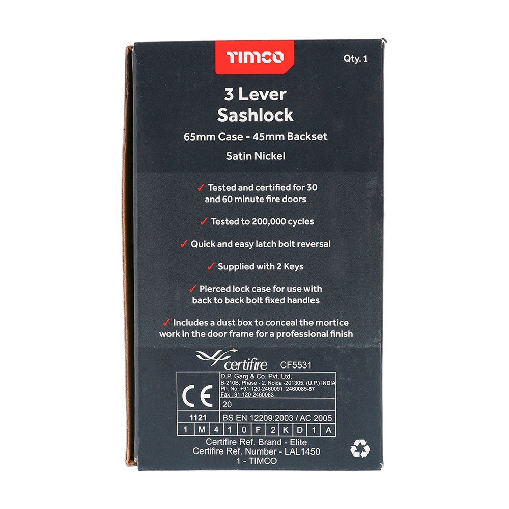 TIMCO 3 Lever Satin Nickel Mortice Sashlock 65mm Case 45mm Backset  - Image