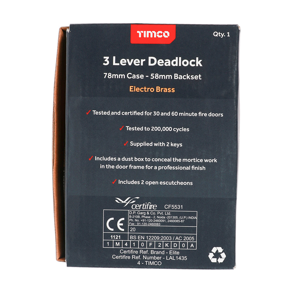 TIMCO 3 Lever Electro Brass Mortice Deadlock 78mm Case 58mm Backset  - Image