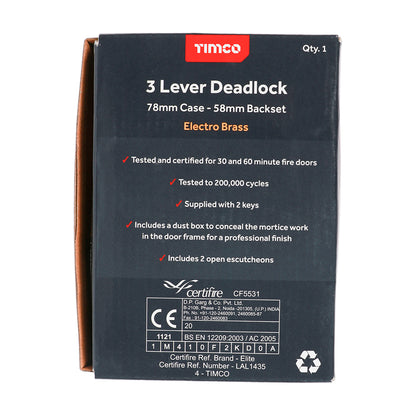 TIMCO 3 Lever Electro Brass Mortice Deadlock 78mm Case 58mm Backset  - Image