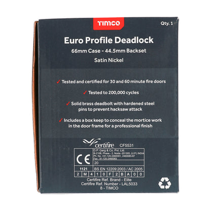 TIMCO Euro Deadlock Satin Nickel - 66mm - Image