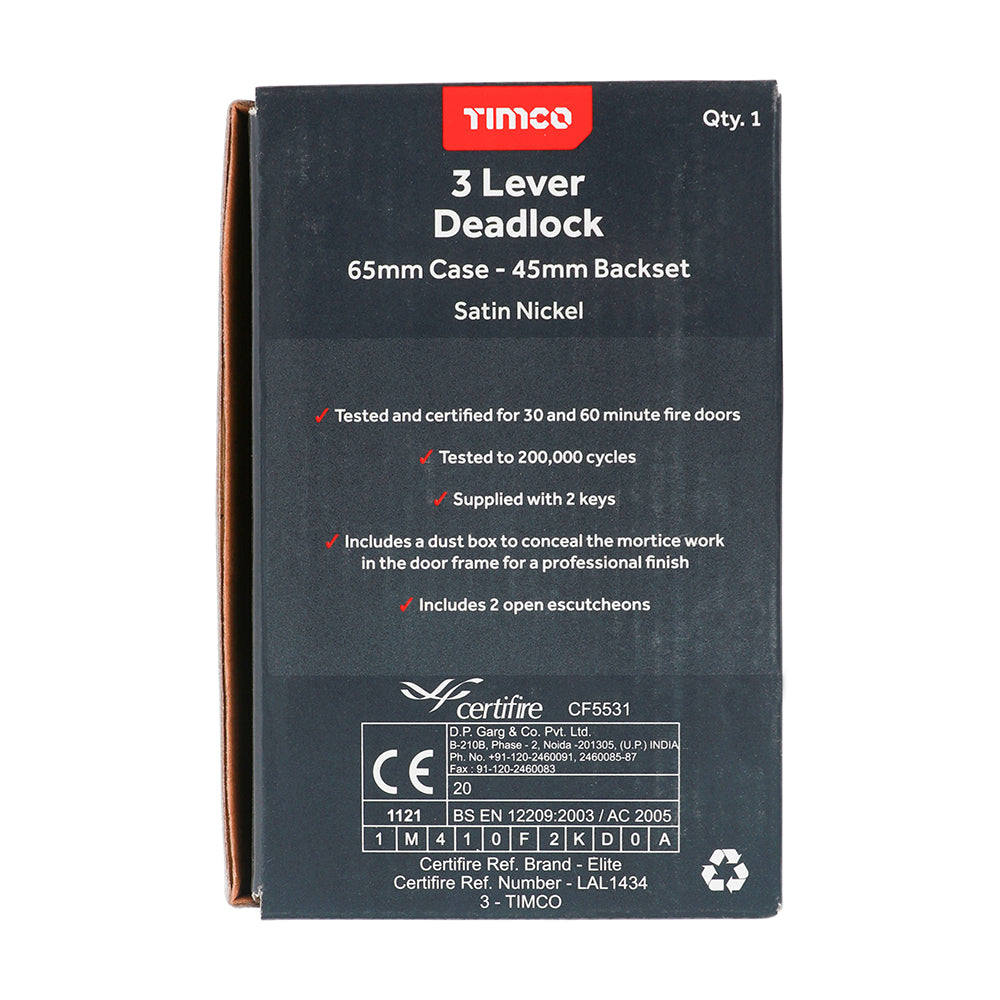 TIMCO 3 Lever Deadlock Satin Nickel - 65mm - Image