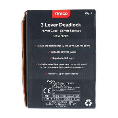 TIMCO 3 Lever Deadlock Satin Nickel - 78mm - Image