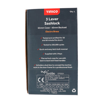 TIMCO 3 Lever Electro Brass Mortice Sashlock 65mm Case 45mm Backset  - Image