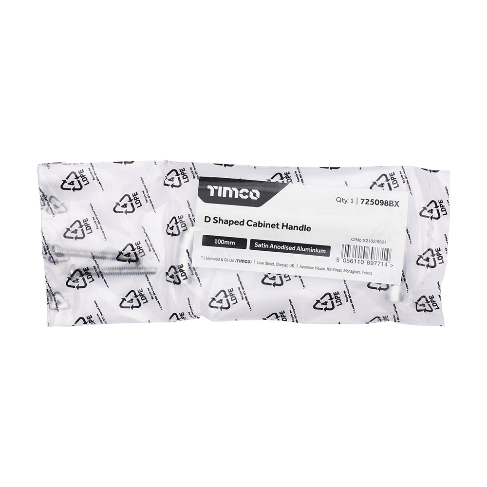 TIMCO D Shaped Cabinet Handle - Satin Anodised Aluminium - 100mm - Image
