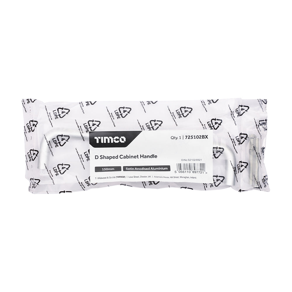 TIMCO D Shaped Cabinet Handle - Satin Anodised Aluminium - 150mm - Image