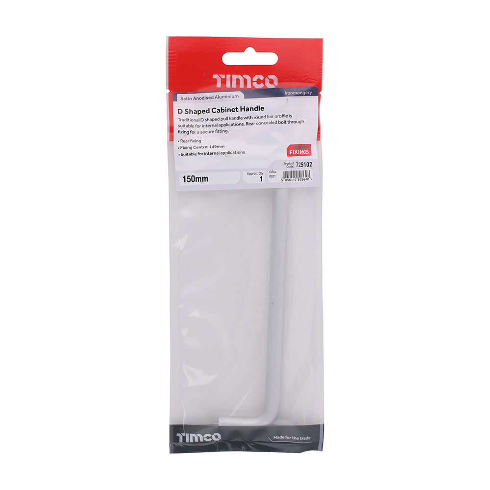 TIMCO D Shaped Cabinet Handle - Satin Anodised Aluminium - 150mm - Image