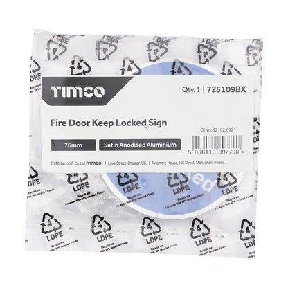 TIMCO Fire Door Keep Locked Sign - Satin Anodised Aluminium - 76mm - Image