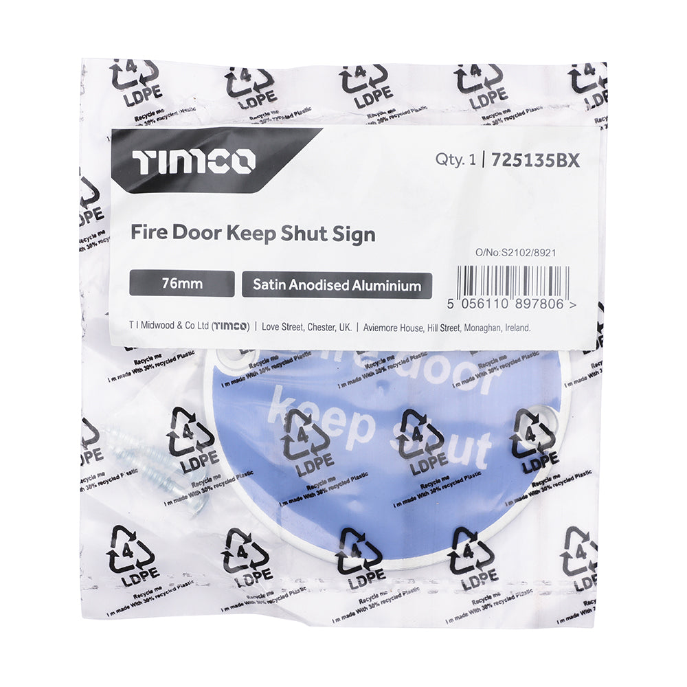 TIMCO Fire Door Keep Shut Sign - Satin Anodised Aluminium - 76mm - Image