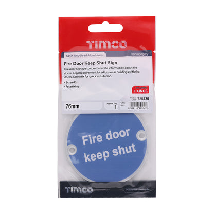 TIMCO Fire Door Keep Shut Sign - Satin Anodised Aluminium - 76mm - Image